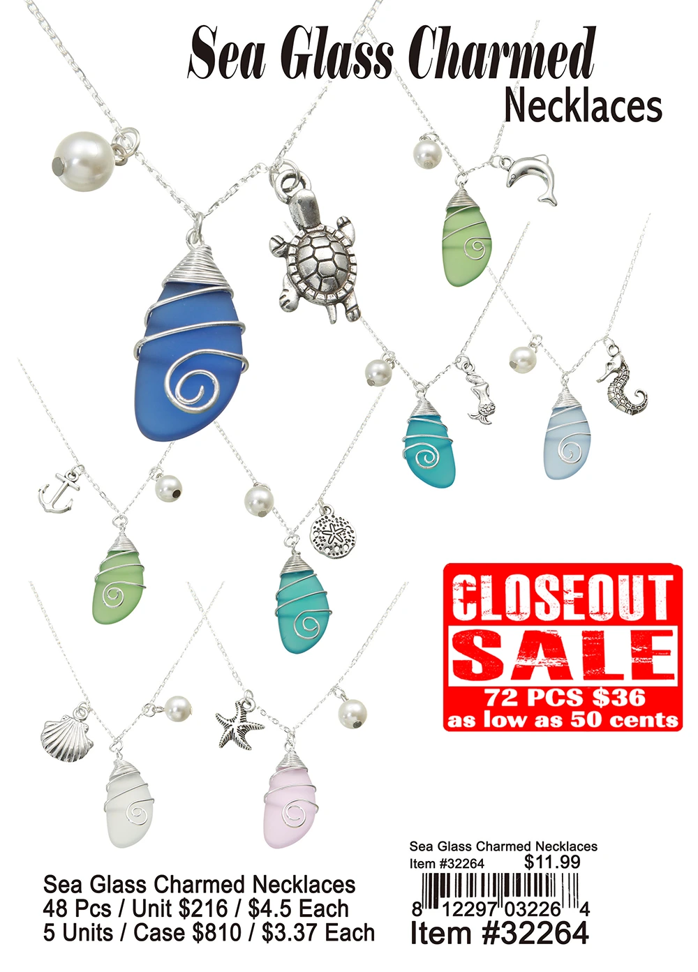 Sea Glass Charmed Necklaces - Closeout 72 Pcs.